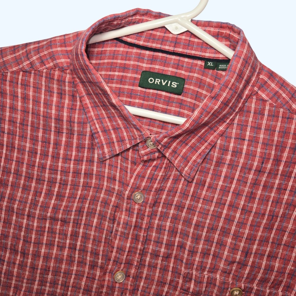 Orvis 100% Linen Short Sleeve Button Up Shirt Mens XL Red Blue Plaid 2TXP Hking